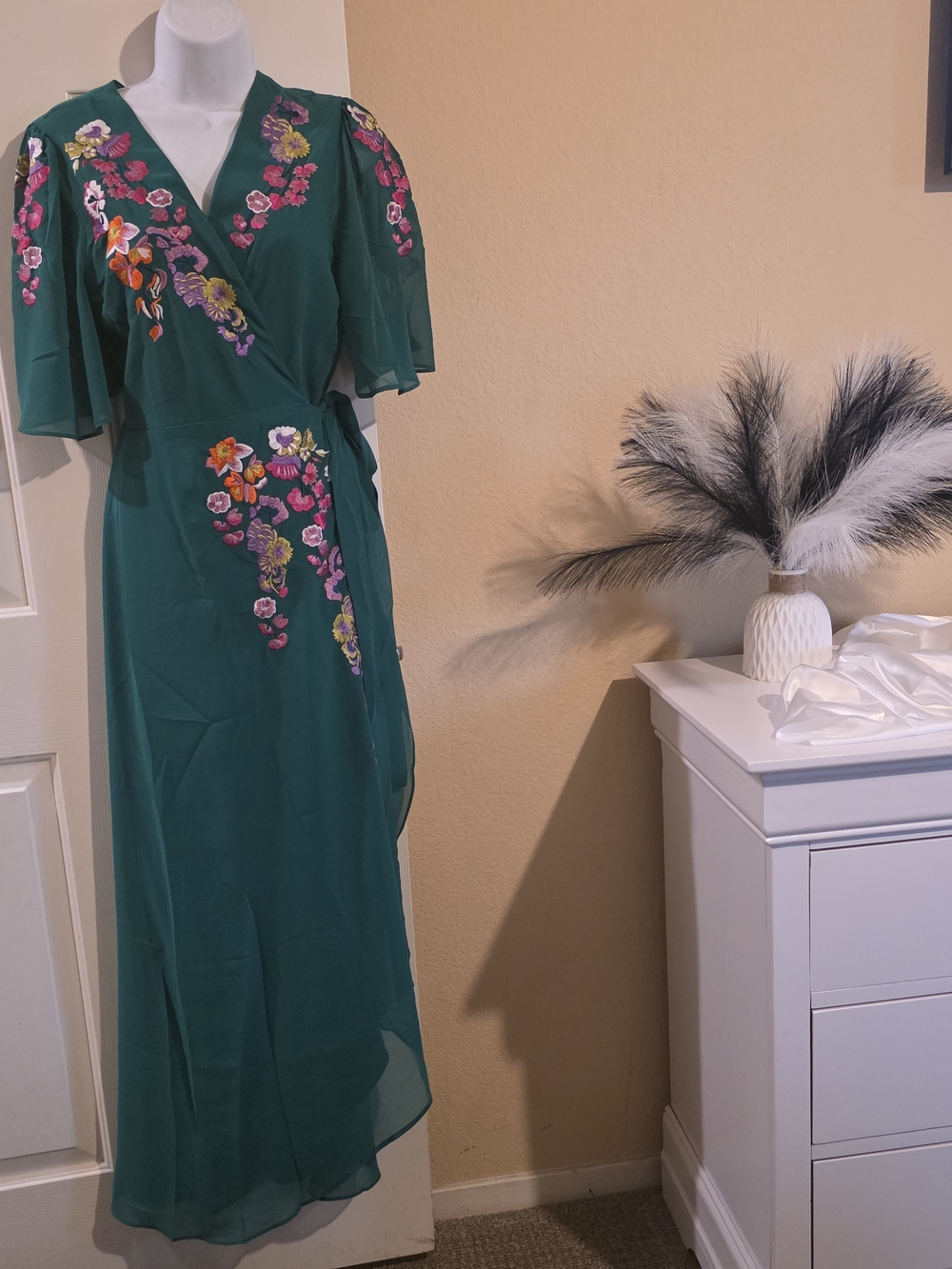 Emerald Floral Wrap Maxi Dress with Embroidered Accents